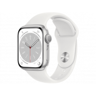 Apple Watch Series 8 GPS, Boîtier en aluminium argenté 41mm avec bracelet sport blanc M/L