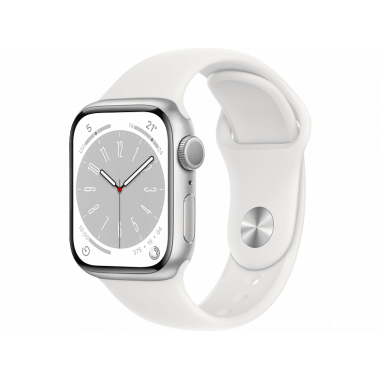 Apple Watch Series 8 GPS, Boîtier en aluminium argenté 41mm avec bracelet sport blanc M/L