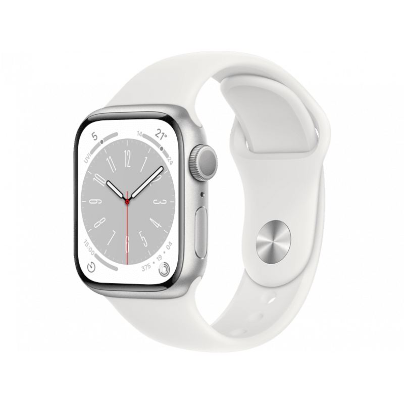 Apple Watch Series 8 GPS, Boîtier en aluminium argenté 41mm avec bracelet sport blanc M/L