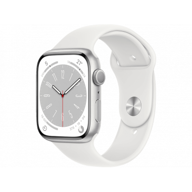 Apple Watch Series 8 GPS, Boîtier en aluminium argenté 45mm avec bracelet sport blanc M/L