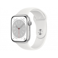 Apple Watch Series 8 GPS, Boîtier en aluminium argenté 45mm avec bracelet sport blanc S/M