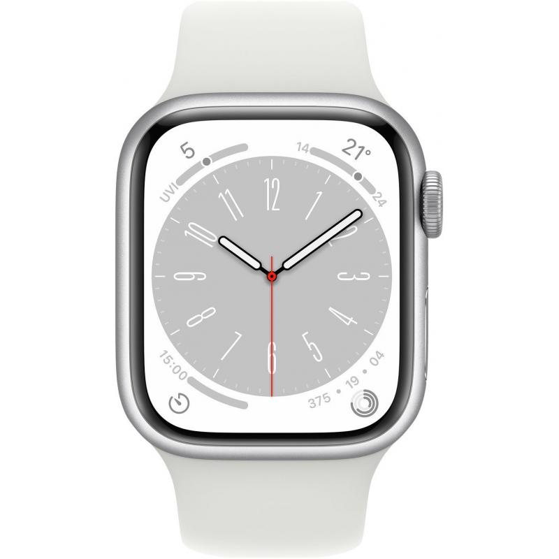 Apple Watch Series 8 GPS, Boîtier en aluminium argenté 41mm avec bracelet sport blanc M/L