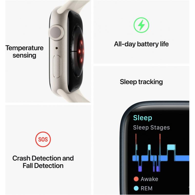 Apple Watch Series 8 GPS, Boîtier en aluminium argenté 41mm avec bracelet sport blanc S/M