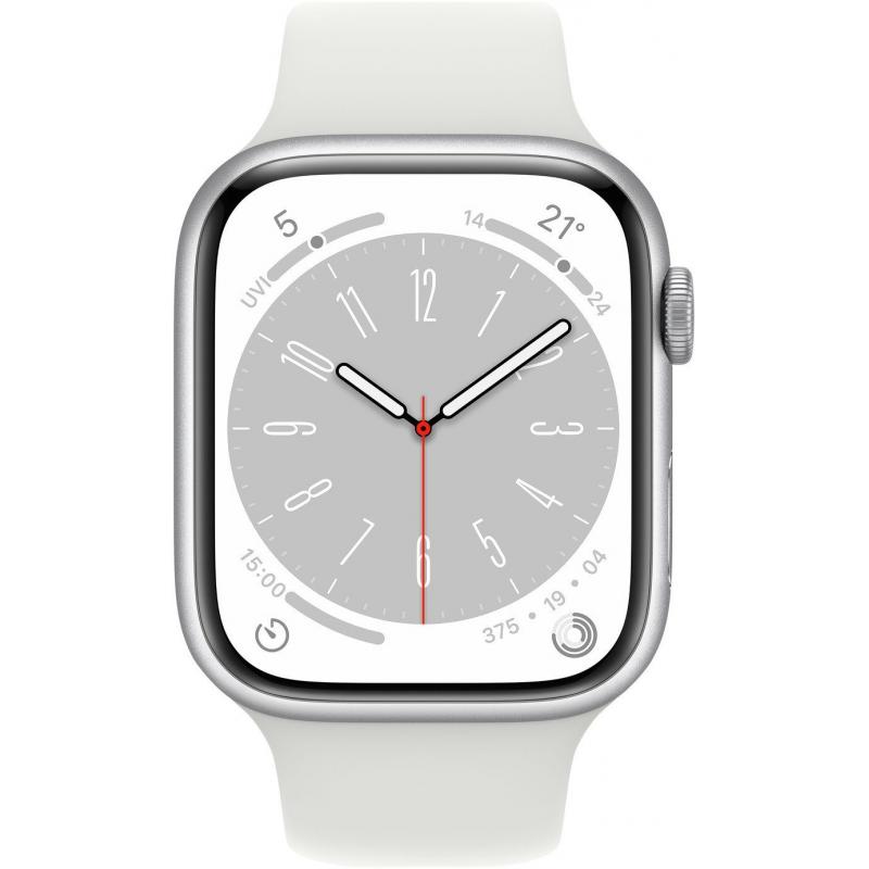 Apple Watch Series 8 GPS, Boîtier en aluminium argenté 45mm avec bracelet sport blanc M/L