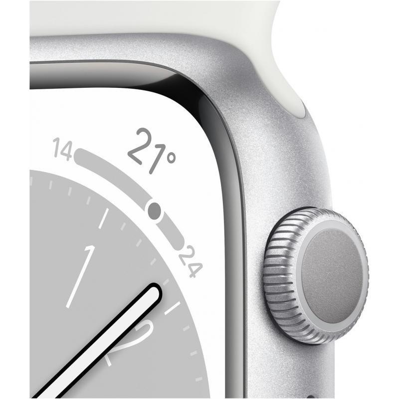 Apple Watch Series 8 GPS, Boîtier en aluminium argenté 45mm avec bracelet sport blanc S/M