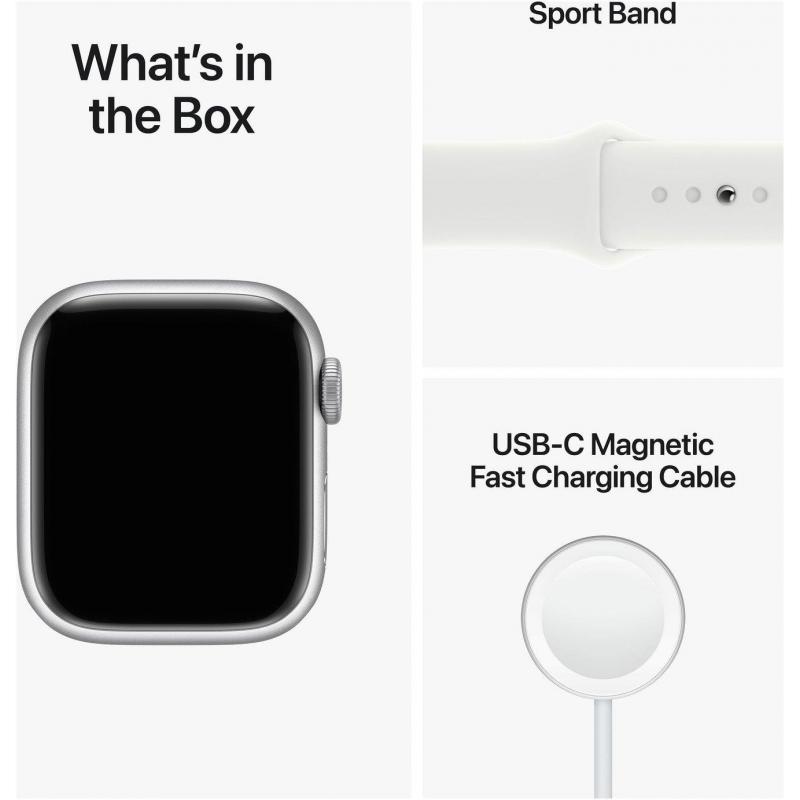 Apple Watch Series 8 GPS, Boîtier en aluminium argenté 45mm avec bracelet sport blanc M/L