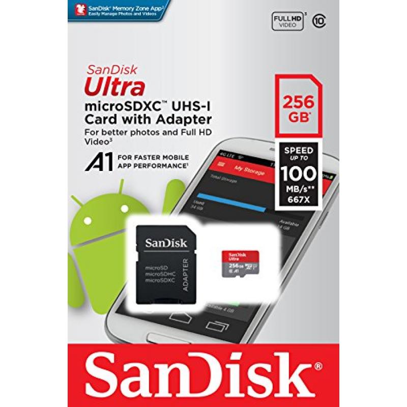 Dimprice  SanDisk 256 Go Ultra Carte Mémoire microSDXC + Adaptateur SD.  Vitesse de Lecture Allant jusqu'à 120MB/S, Classe 10, U1, homologuée A1